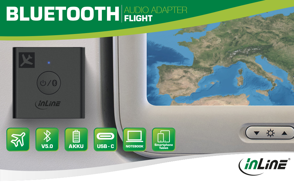 INTOS ELECTRONIC AG - 99160I  InLine® Flugzeug Bluetooth Audio Transmitter  Sender, BT 5.0, aptX HD/LL