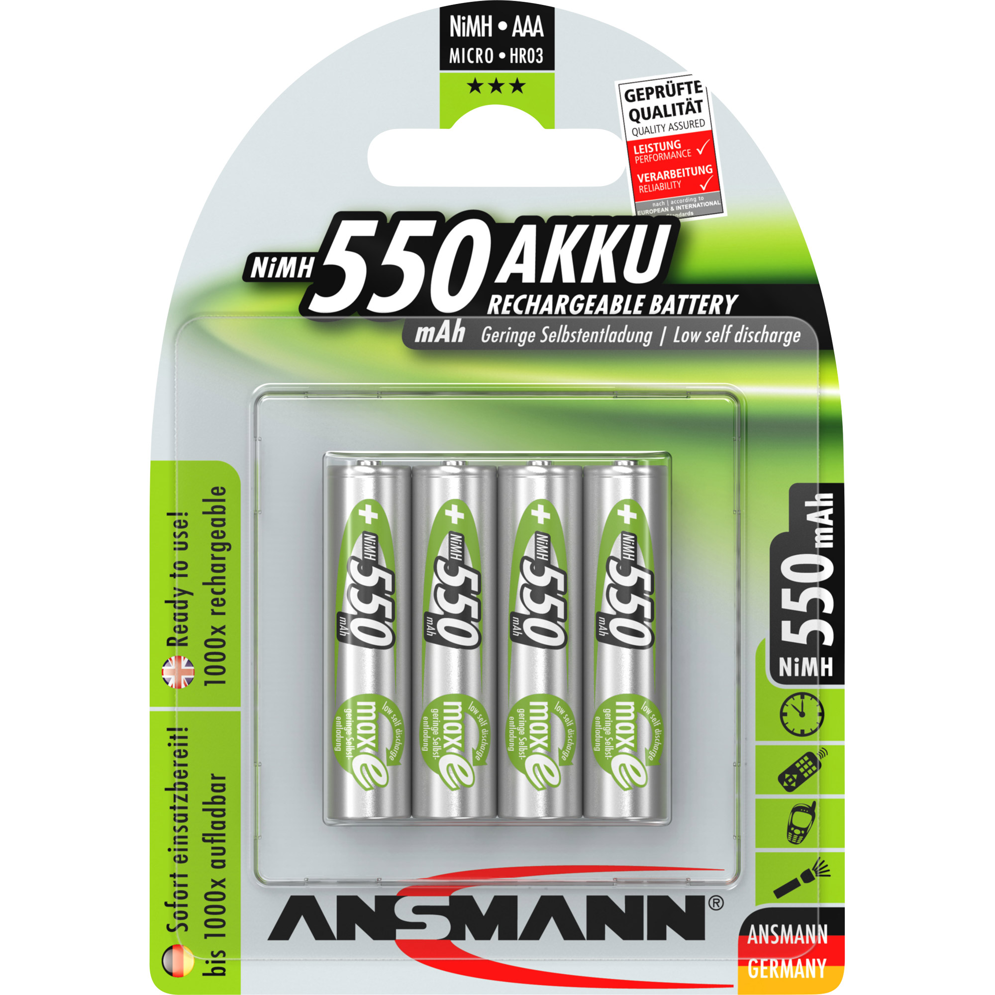 ANSMANN 5030772 NiMH-Akku Micro AAA, 550mAh, 4er-Pack