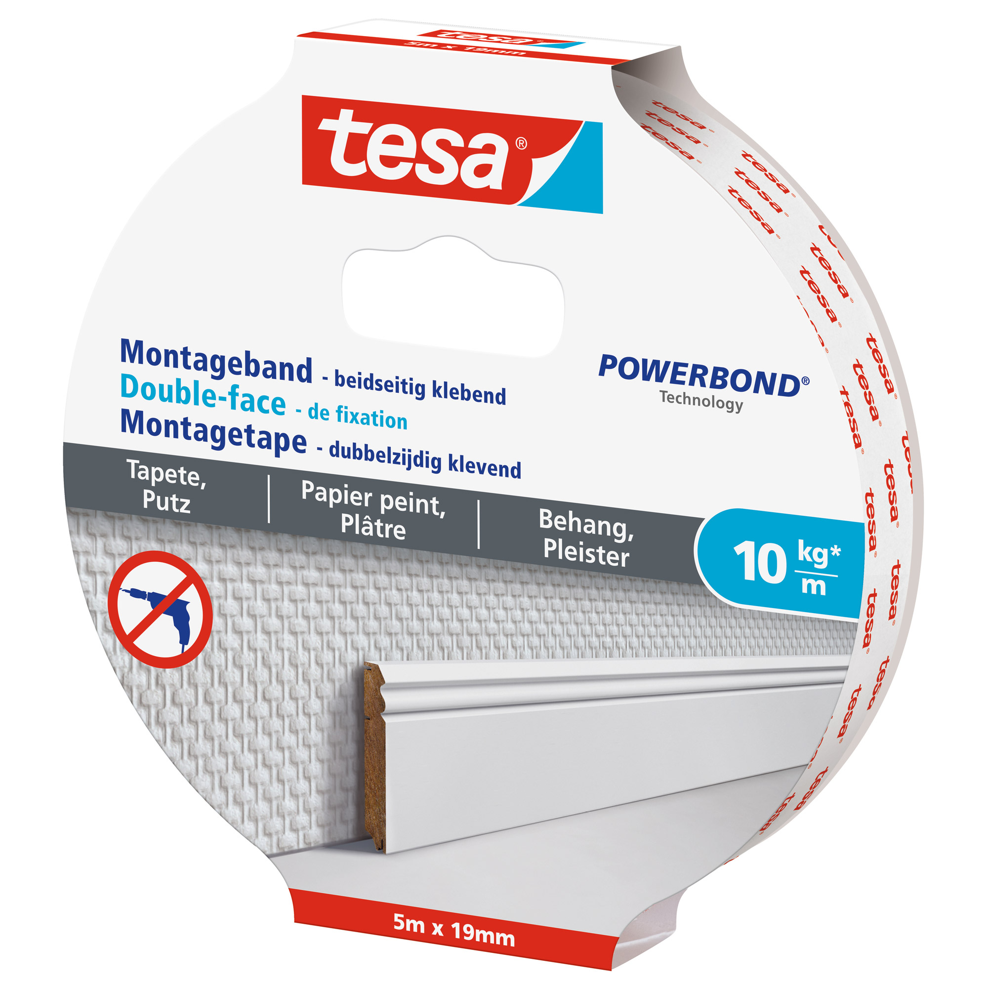 tesa Montageband, 19mm, für Tapeten und Putz, bis zu 10kg/m, weiß