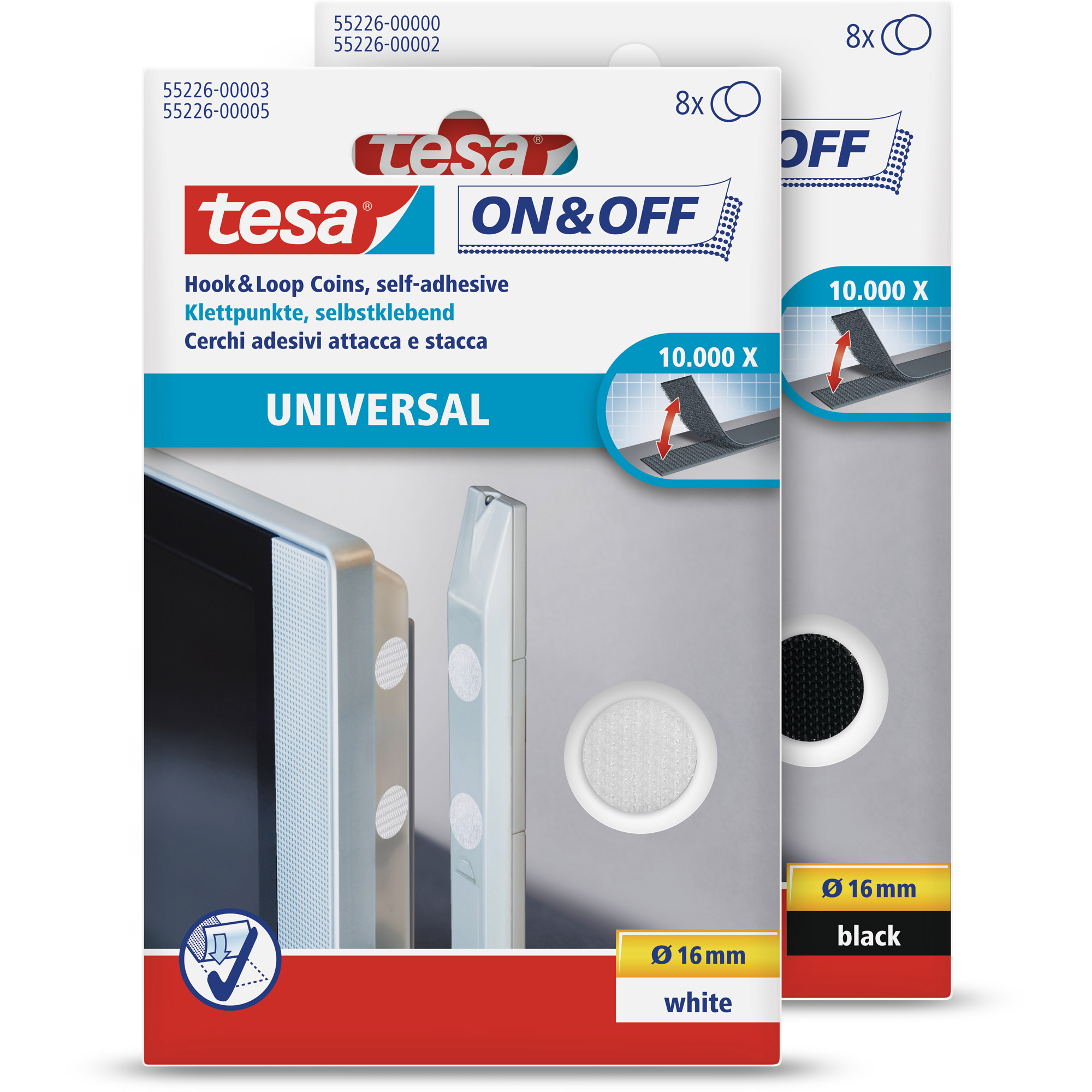 tesa On- & Off-Klettpunkte zum Aufkleben, 8er-Pack (Ø16mm), weiß