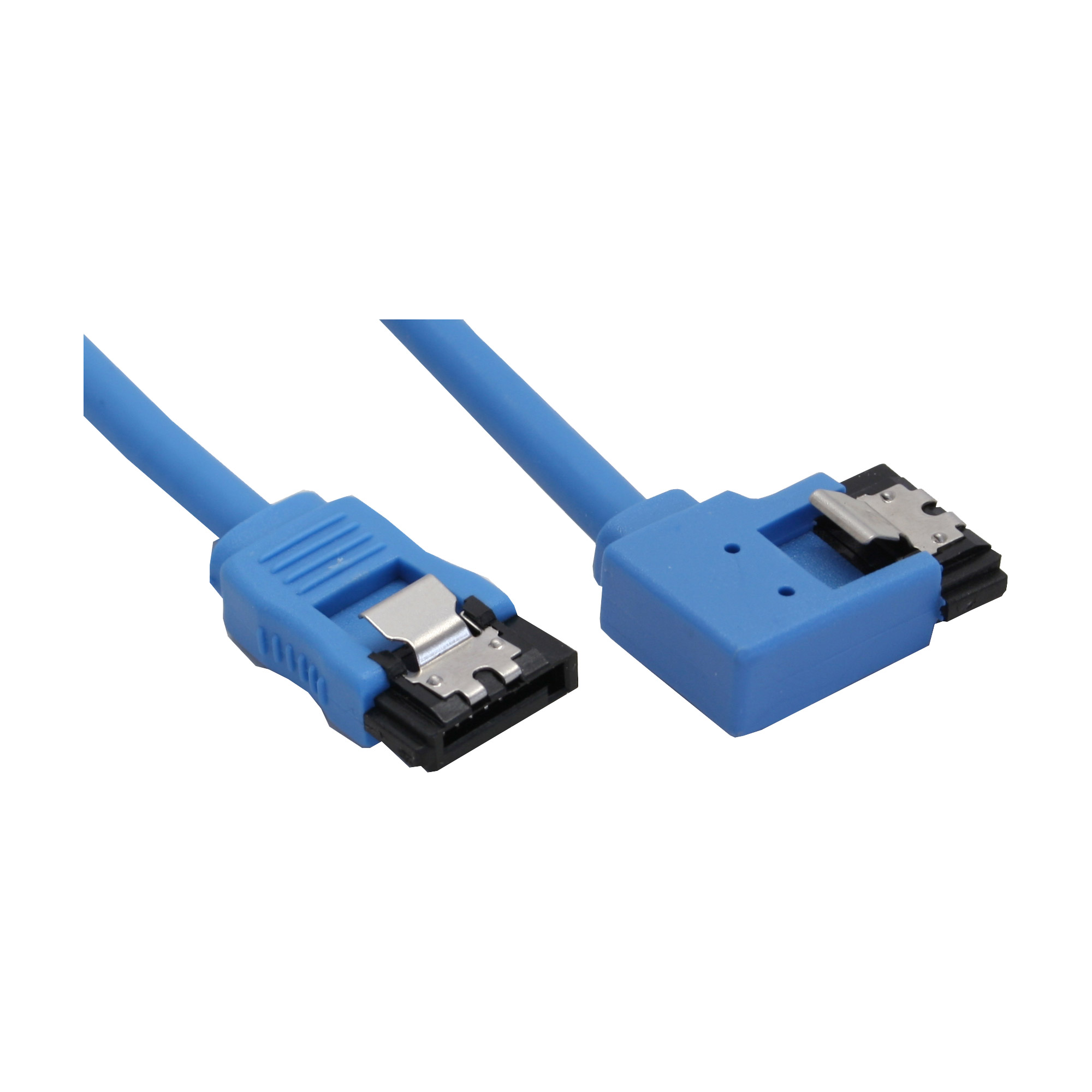 InLine® SATA 6Gb/s Anschlusskabel rund, abgew. links, blau, mit Lasche, 0,5m