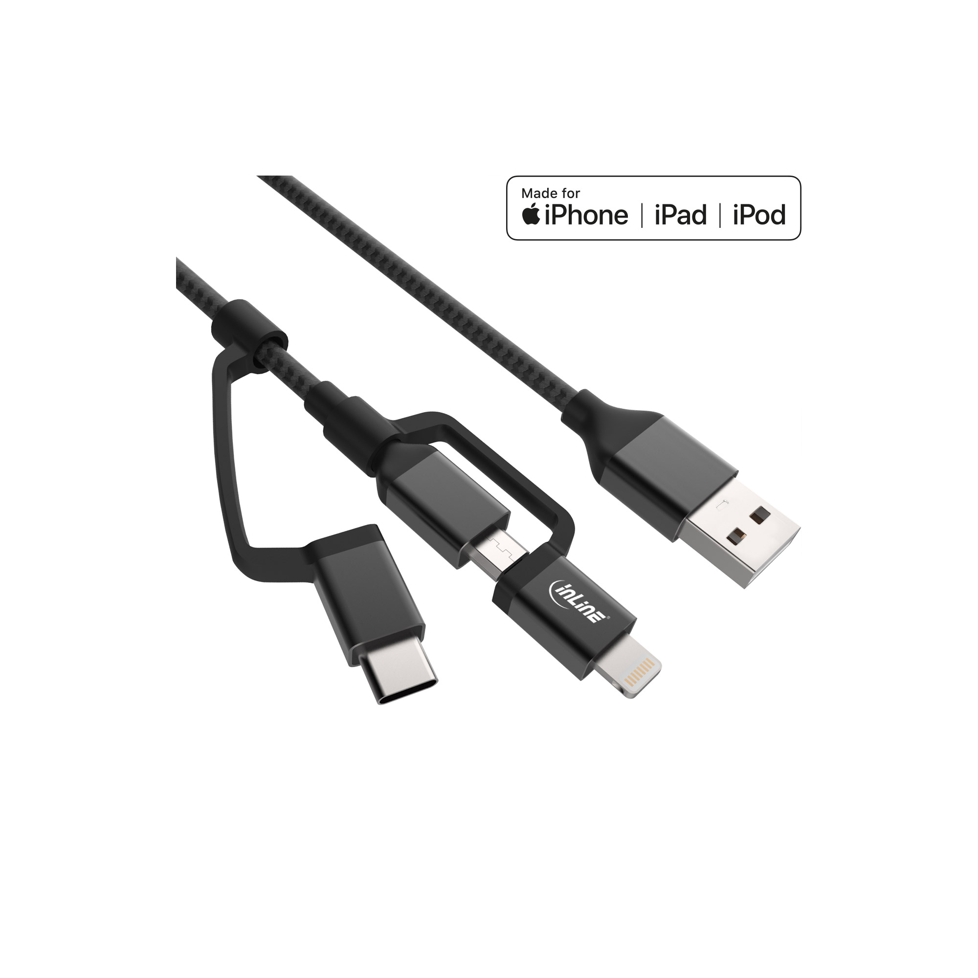 InLine® 3-in1 USB Kabel, Micro-USB/Lightning/USB-C, schwarz/Alu, 1m MFi